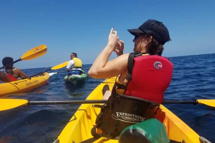 a group of people on a raft in a body of water