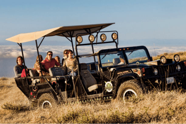 a group of people riding on the back of a truck