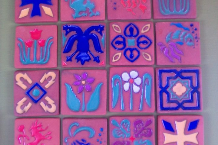 a close up of a colorful wall