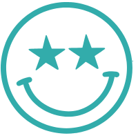 Smiley face with star eyes in a teal circle background.