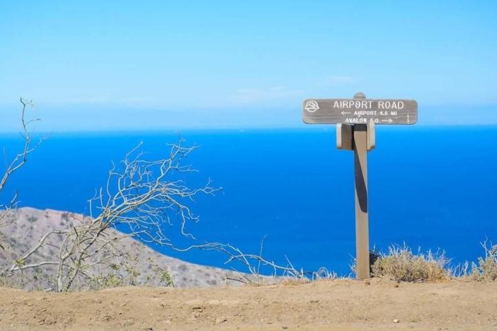 Sign reading 'Airport Road' near coastline with clear blue sky and ocean in background.