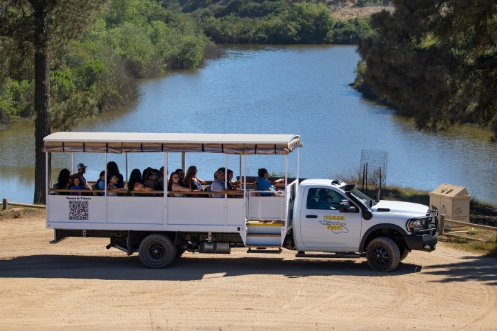 Open-air tour truck with passengers parked by a lake under trees on a sunny day.