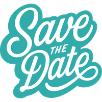 Teal script text 'Save the Date' on white background.